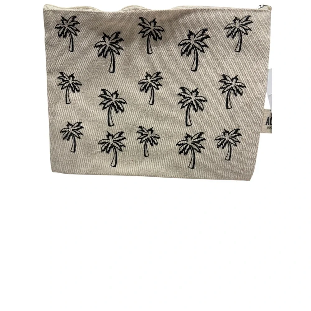AOA Studio Canvas Makeup Bag Palm Tree Print Beige Black‎ Zipper Pouch BOHO NEW